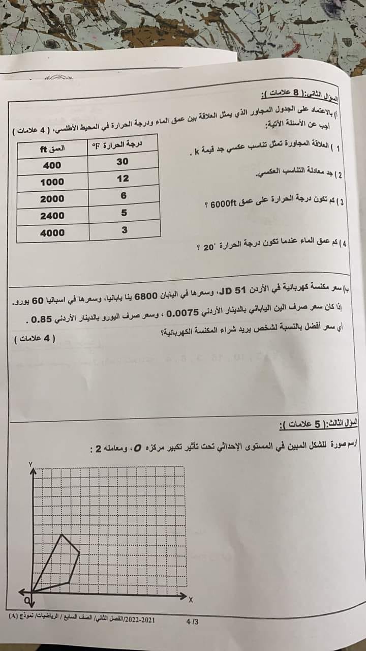 صور امتحان الرياضيات للصف السابع الفصل الثاني نموذج A وكالة 2022